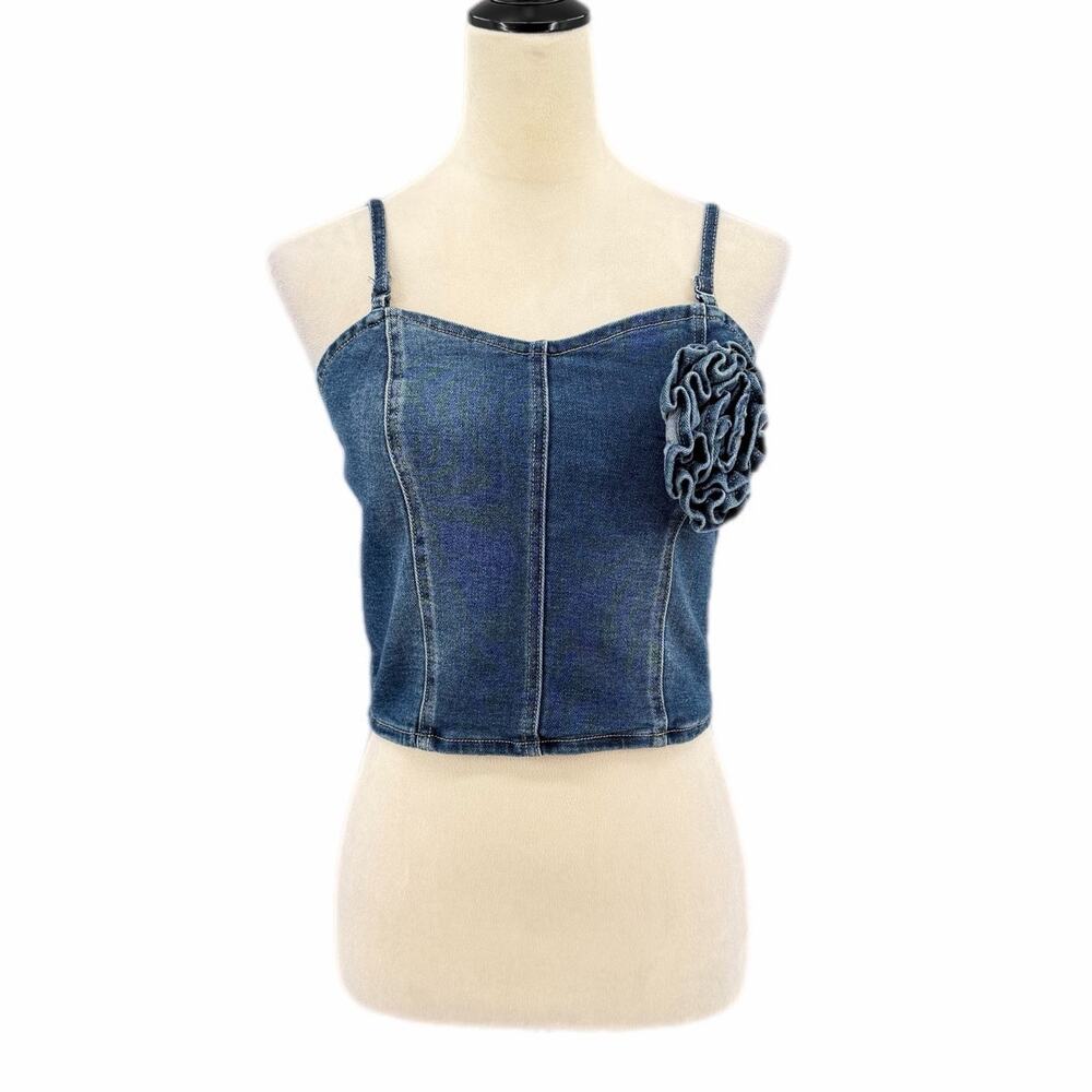 Steve Madden NEW Dark Wash Denim Rosette Smocked Crop Boho Chic Western Top